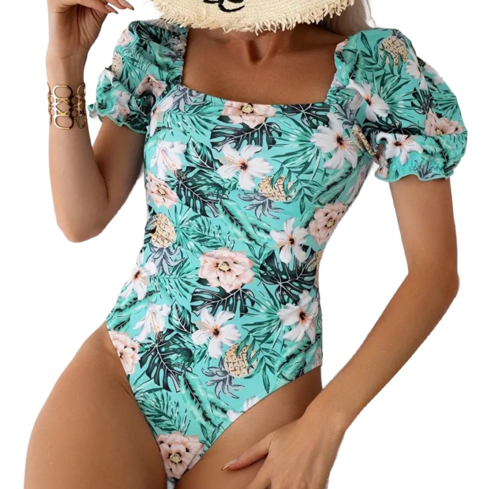 Ruffle Sleeve Swimsuit Square Neck Criss Cross Strap Back Padded New